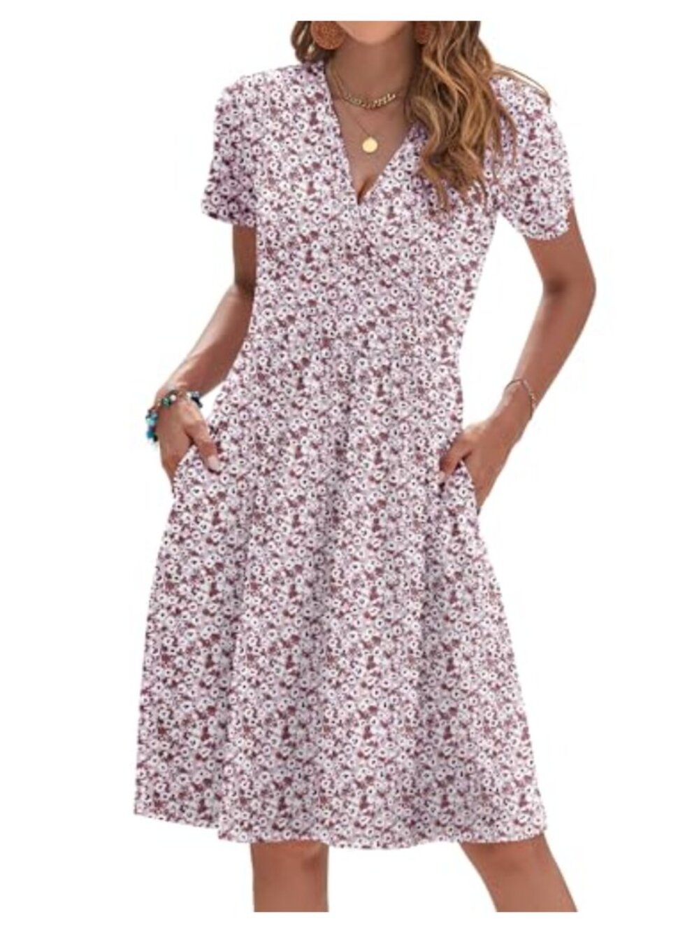 Women Summer Dress Short Sleeve Casual V-Neck Floral Wrap A-Line
